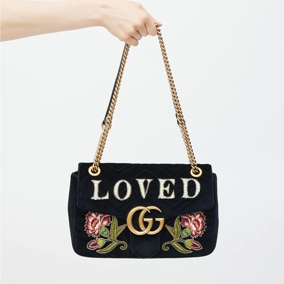 Gucci Medium Black & Multicolour Velvet Loved Marmont Bag - Picture 1 of 15